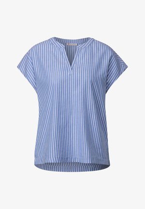 Niebiesko-biała, paskowana bluzka z krótkim rękawem, z dekoltem w kształcie litery V i luźnym krojem, z zaokrąglonym dołem oraz miękkim materiałem bawełnianym.