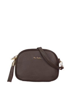 Borsa a tracolla in pelle marrone scuro con cerniera con nappina e ferramenta dorata, con tracolla sottile regolabile.