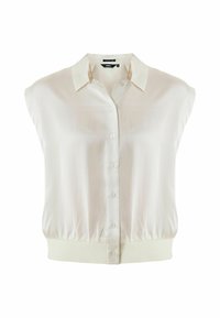 Blusa senza maniche di colore crema chiaro con chiusura a bottoni frontale, realizzata in tessuto morbido e con una vita aderente. Presenta un colletto classico e una texture liscia.