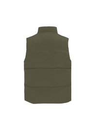 Gilet rembourré vert olive avec un col haut, présentant une texture lisse et des détails de couture horizontale, conçu sans manches.