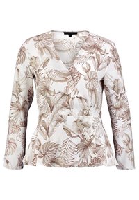 Blusa a maniche lunghe di colore bianco con un motivo floreale in tonalità terre. Presenta una scollatura a V e un orlo peplo con dettagli in bottone.