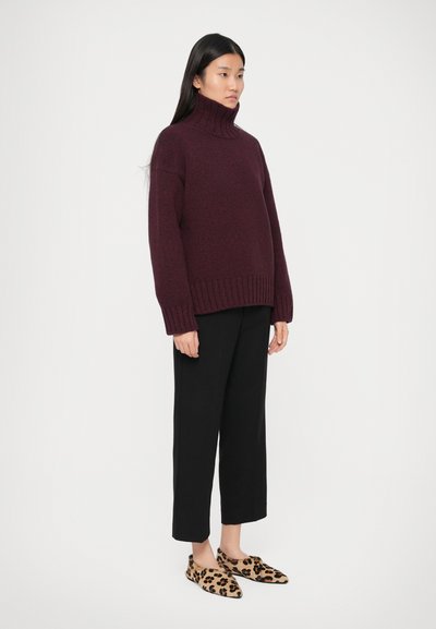 Femme debout portant un pull col roulé violet foncé, un pantalon noir court et des ballerines à imprimé léopard sur fond blanc.