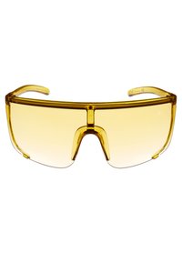 Žluté sluneční brýle s designem kolem hlavy, plastovým rámem a tónovanými skly. Mají velké přední sklo pro širokou viditelnost.