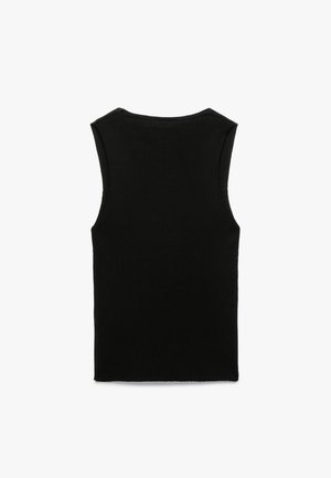 Musta hihaton ribbitekoinen paita, jossa on pyöreä kaula-aukko ja suora helma. Suhteellisen sileä rakenne ja minimaalinen muotoilu, ilman näkyviä logoja tai koristeluja.