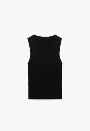 Zwarte mouwloze geribbelde top met een ronde halslijn en een recht gesneden zoom. Gladde textuur en minimalistisch ontwerp, geen zichtbare logo's of versieringen.