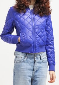 Giacca bomber trapuntata di un blu brillante con un design aderente, polsini a costine e tasche laterali. Presenta una chiusura con zip e una texture liscia.