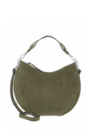 Olivgrüne Veloursleder-Handtasche in Halbmondform mit doppelten Griffen, silberner Hardware und verstellbarem Umhängeriemen.