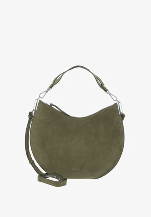 Olive green suede crescent-shaped handbag with double handles, silver hardware, and adjustable crossbody strap.