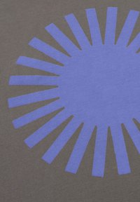 Grijze stof met een groot violet zonnestraalontwerp in het midden, omgeven door gelijkmatig verdeelde driehoekige accenten die naar buiten uitstralen.