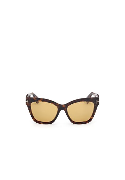 Ochelari de soare cu lentile maro și rame din materiale tortoise. Caracteristici cu accente metalice pe brațele ochelarilor, care îmbunătățesc designul general.