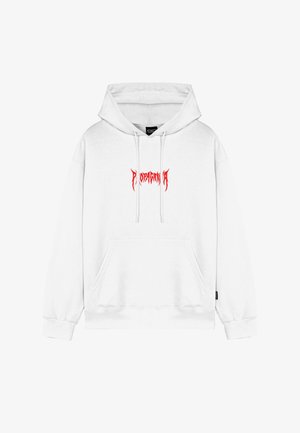 Felpa bianca con cappuccio regolabile, tasca frontale e logo in testo stilizzato rosso. Texture morbida, polsini e orlo a coste.