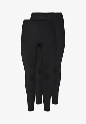 Čierne legíny vyrobené z elastického materiálu s elastickým pásom, s hladkou textúrou a priliehavým strihom. Zobrazené sú dva páry.