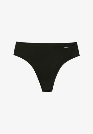 Zwarte stringonderbroek gemaakt van een gladde, rekbare stof. Heeft een minimalistisch ontwerp met een klein wit "Closely" logo aan de voorkant.