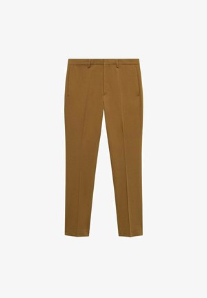 Bruine op maat gemaakte broeken van een glad, licht gestructureerde stof, met twee zijzakken en een recht model.