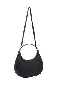 Zwarte leren handtas met een ronde vorm, voorzien van een enkele schouderriem en een ritssluiting met goudkleurige hardware accenten.