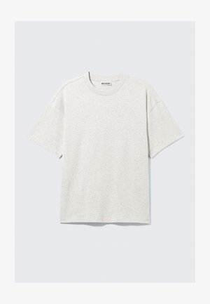 Light gray short-sleeve t-shirt made of jersey fabric. Features a crew neck, relaxed fit, and subtle texture. Label reads "WEEKDAY."
