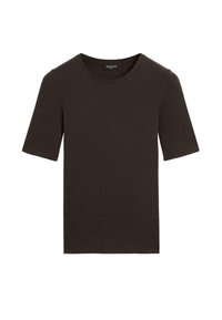 T-shirt a maniche corte color marrone scuro, con scollo rotondo, design semplice e colletto a costine, etichettato Massimo Dutti all'interno del colletto.