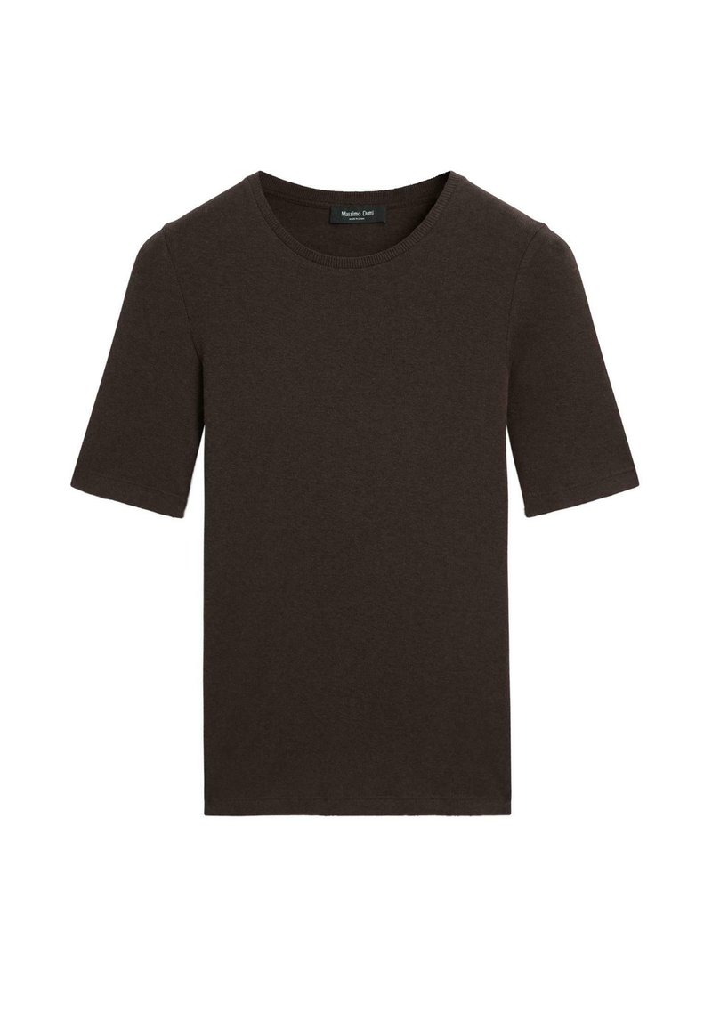 T-shirt a maniche corte color marrone scuro, con scollo rotondo, design semplice e colletto a costine, etichettato Massimo Dutti all'interno del colletto.