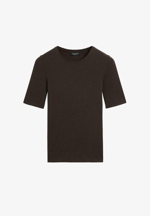 Ciemnobrązowy t-shirt z krótkim rękawem i okrągłym dekoltem, prosty wzór z prążkowanym wykończeniem dekoltu, z metką Massimo Dutti na kołnierzyku.