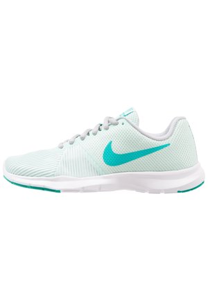 Leichtgewichtiger, aqua-farbener Mesh-Sportschuh mit grauen Akzenten, strukturiertem Obermaterial, weißer Sohle und prominentem türkisfarbenem Nike-Logo an der Seite.