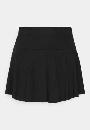 Black, flared mini skirt made of soft, stretchy fabric with an elastic waistband for comfort and a smooth hem. No additional patterns or accents.