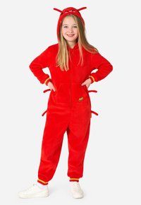 Rode fleece onesie met een capuchon, voorzien van antennes, zijzakken en een gele citroenaccent. Geribbelde manchetten op de polsen en enkels in het geel.