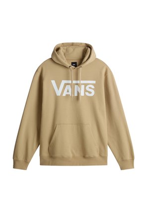 Felpa con cappuccio in tessuto beige con una trama morbida. Presenta un logo bianco "VANS", una tasca frontale e lacci.