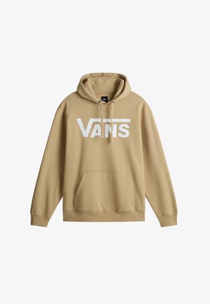 Felpa con cappuccio in tessuto beige con una trama morbida. Presenta un logo bianco "VANS", una tasca frontale e lacci.