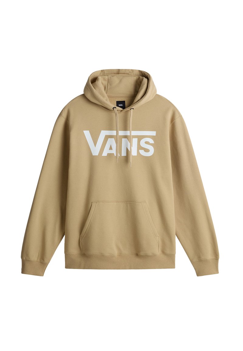Sudadera con capucha en tela color beige con una textura suave. Presenta un logo blanco de "VANS", bolsillo frontal y cordones.