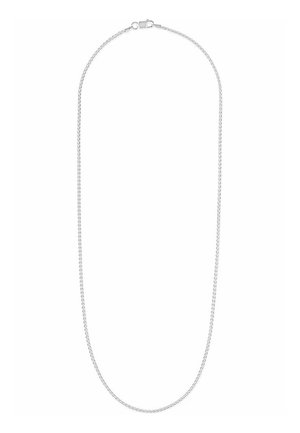 Silberne Halskette mit einem glatten, gedrehten Design und einem sicheren Verschluss. Die Kette ist zart und einheitlich in Form und Textur.