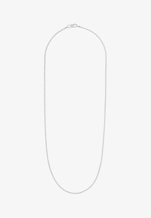 Silver chain necklace featuring a smooth, twisted design with a secure clasp. The chain is delicate and uniform in shape and texture.