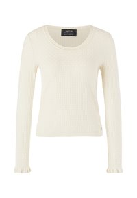 Langärmliges, cremefarbenes Oberteil aus strukturiertem Stoff; mit Ausschnitt und gerafften Bündchen. Einfaches Design mit taillierter Silhouette.