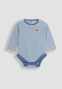 Gestreepte langemouwen body in blauw en wit, met een geborduurde vos op de borst en drukknoopsluiting bij het kruis voor eenvoudig aankleden.