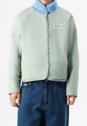 Persona che indossa una giacca verde chiaro con bottoni e colletto in pile blu, con una toppa "On Vacation", abbinata a un paio di jeans blu con etichetta "obey".