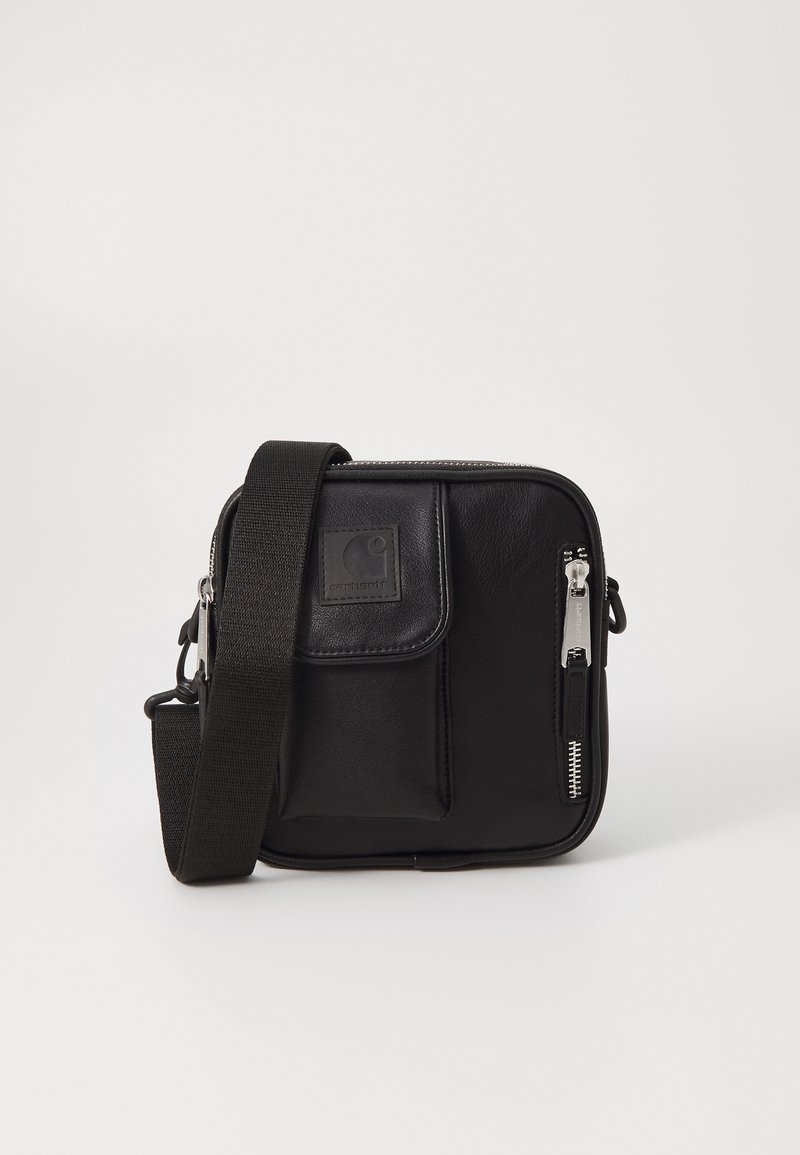 Black leather crossbody bag with a rectangular shape, featuring a front pocket, smooth texture, silver zippers, and an adjustable strap.