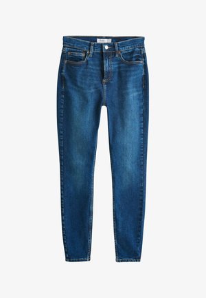 Blaue High-Rise Skinny-Jeans mit vorderem Knopf und Reißverschluss, Vorder- und Gesäßtaschen sowie dezenten, verblassten Details.