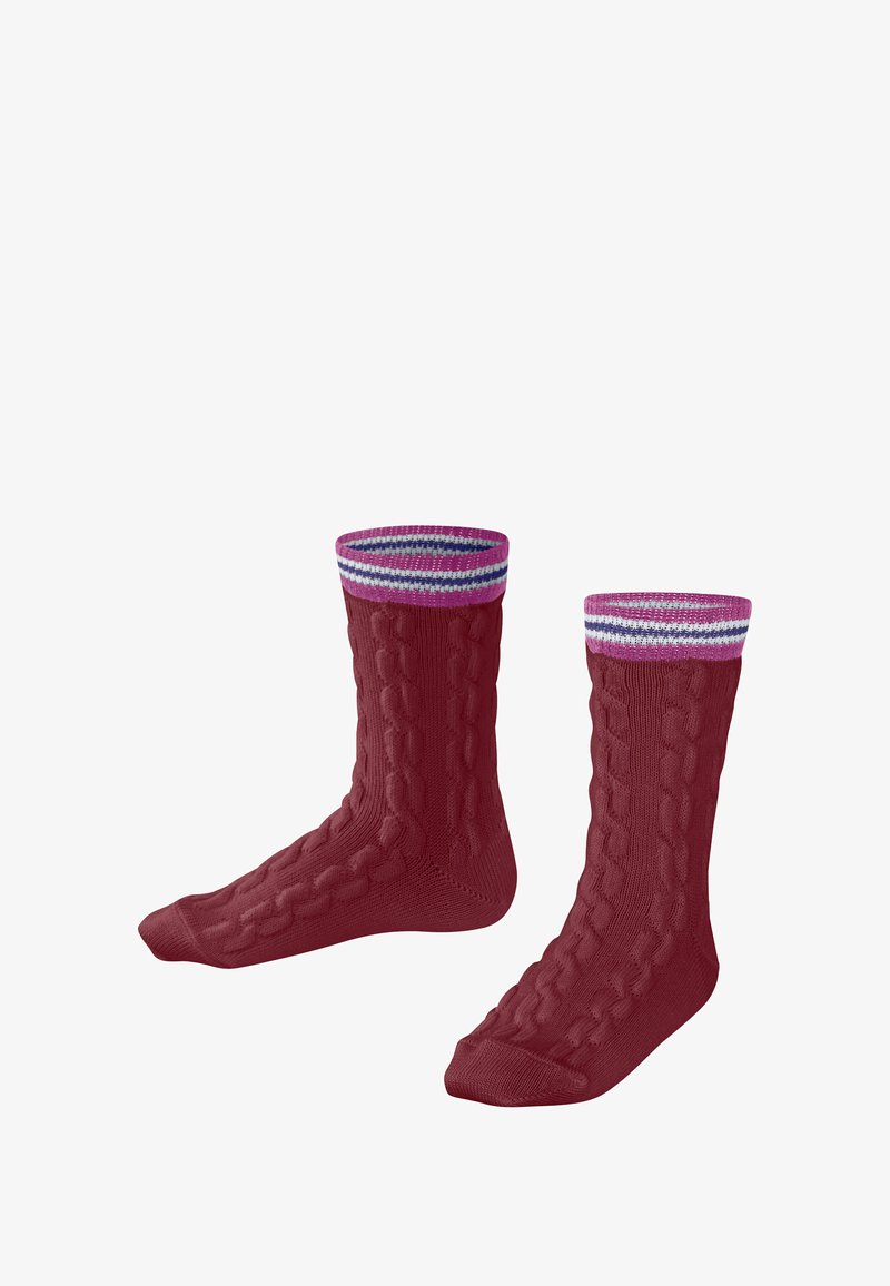 Bordeaux gebreide sokken met een kabelpatroon, met een geribde manchette in paarse en witte strepen. Zachte textuur, enkellange uitvoering.