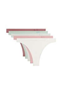 Pak van zes katoenen stringonderbroeken in pastelkleuren: zacht wit, lichtroze, muntgroen en bordeauxrood. Beschikt over een minimalistisch ontwerp met logo-accenten.