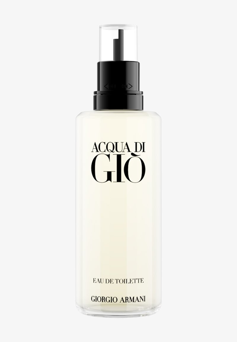 Clear glass spray bottle of Acqua di Giò eau de toilette by Giorgio Armani with black pump and cap on white background.