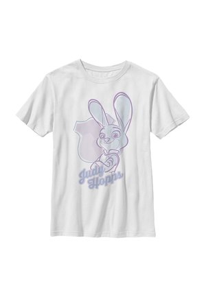 T-shirt blanc à manches courtes avec illustration violet clair du lapin de dessin animé Judy Hopps et son nom en dessous à l'avant.