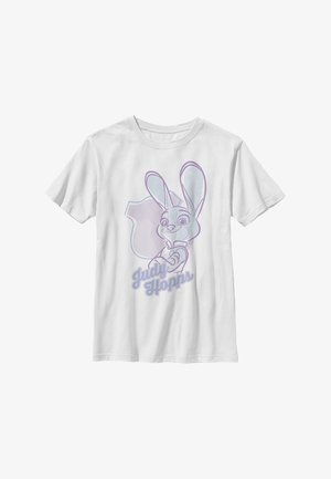 T-shirt blanc à manches courtes avec illustration violet clair du lapin de dessin animé Judy Hopps et son nom en dessous à l'avant.