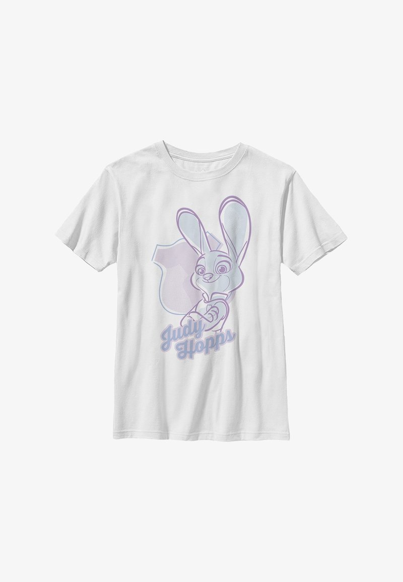 T-shirt blanc à manches courtes avec illustration violet clair du lapin de dessin animé Judy Hopps et son nom en dessous à l'avant.