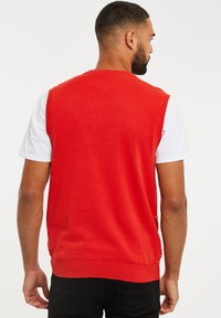 Rode mouwloze trui van gebreid materiaal, met een geribbelde halslijn en zoom, gedragen over een wit T-shirt, gezien vanaf de achterkant.