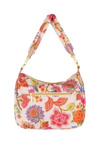 Sac à épaule floral en tissu rose pastel orné de fleurs multicolores vives, avec une poche zippée à l'avant et une bandoulière rembourrée avec des garnitures dorées.