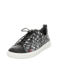 Black and gray patterned sneaker with a textured fabric upper, a smooth leather toe cap, and a white rubber sole. Features black laces.