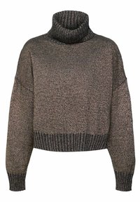Pull à col roulé métallique marron foncé tricoté avec manches longues et poignets et ourlet côtelés.