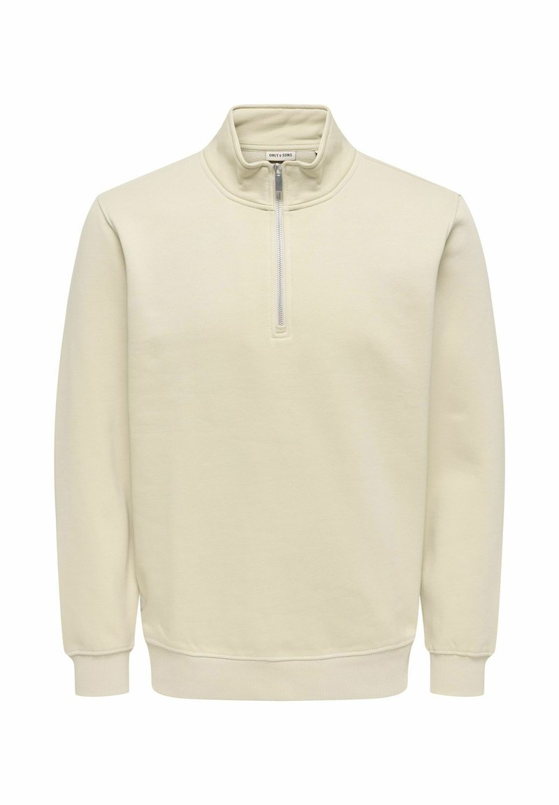 Hellbeiger Pullover-Sweatshirt mit hohem Kragen, halbem Frontreißverschluss, langen Ärmeln, gerippten B�ündchen und Saum, gefertigt aus einem glatten Stoff.