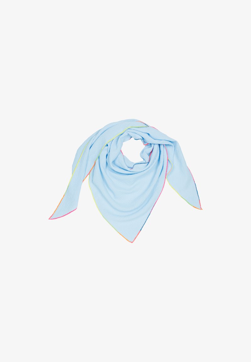 Light blue scarf in a triangular shape, made of textured fabric, with bright multi-color stitching along the edges.