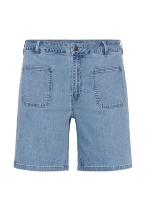 Hellblaue Denim-Shorts mit geradem Schnitt, vier Taschen und Knopfverschluss. Mit sichtbaren Nähten entlang des Saums und der Nähte.