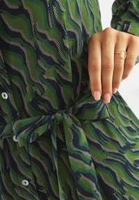 Rochie verde cu un model ondulat, în nuanțe de verde închis, verde deschis și alb. Detaliu cu talie legată, fabricată dintr-un material moale, cu nasturi.